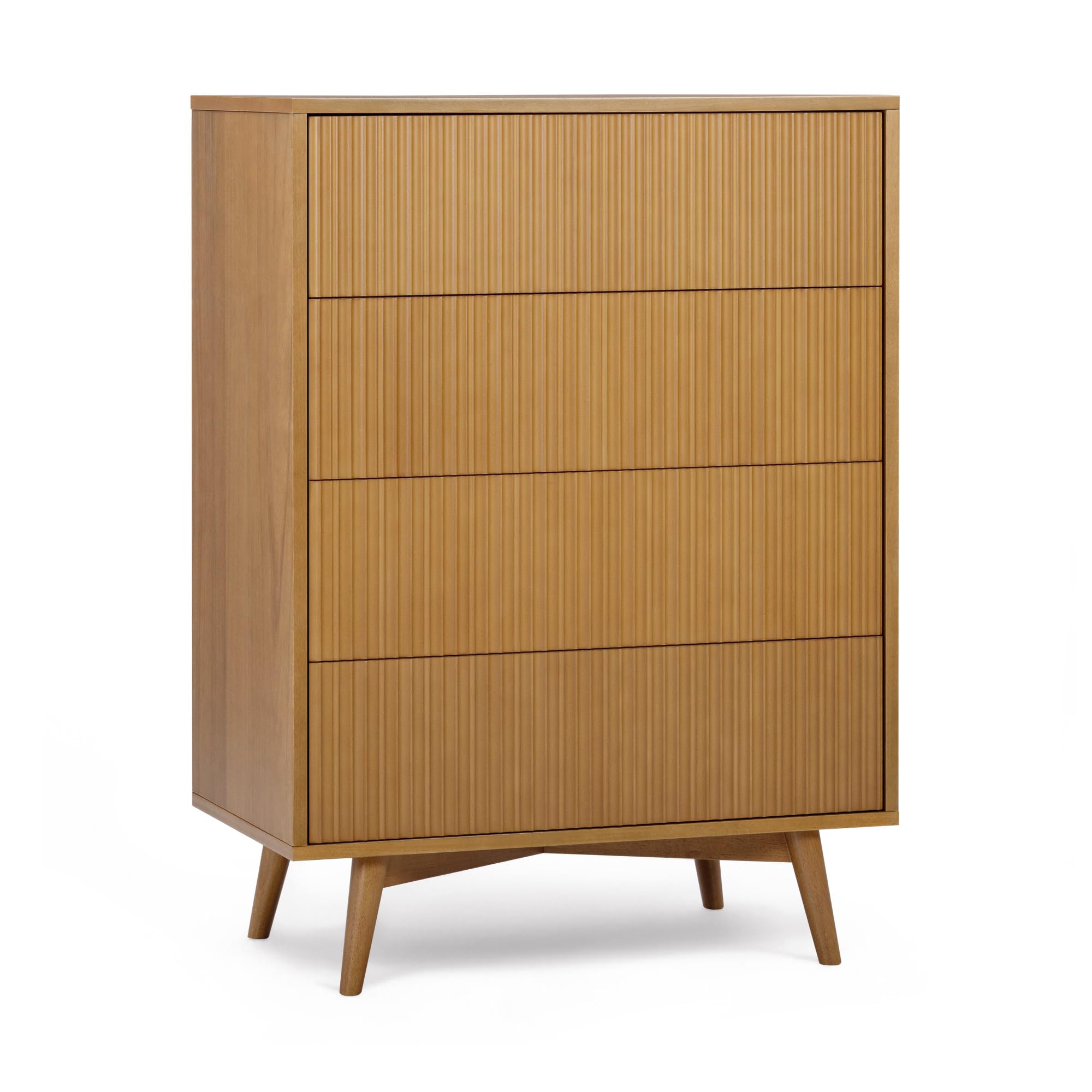 Teamson Home Tremolo Bedroom Dresser Chest of Drawers with 4 Push-Open Drawers, Fluted Wood Detailing and Natural Acacia Veneer Finish 106 cm Tall, Natural
