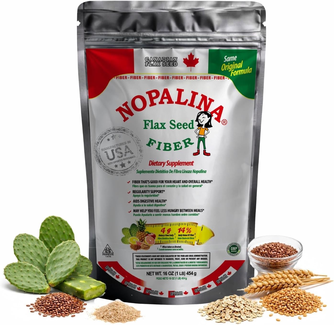 Nopalina Fiber Powder 1 Lb - 30 Servings - Flax Seed, Psyllium Husk, Oat and Wheat Bran, Omega 3, 6 & 9
