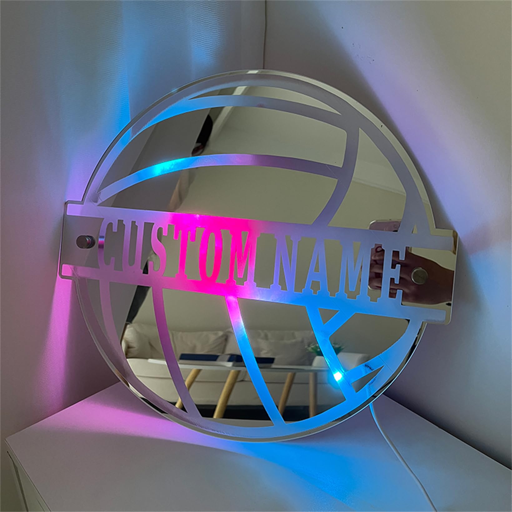 Collienght Personalized Volleyball LED Wall Mirror Light 16 Colors Neon Sign Custom Name Acrylic Mirror Etched Wall Art Mirrors Wall Decor Gift for Boy Men Volleyball Player Sport Fan — image 1