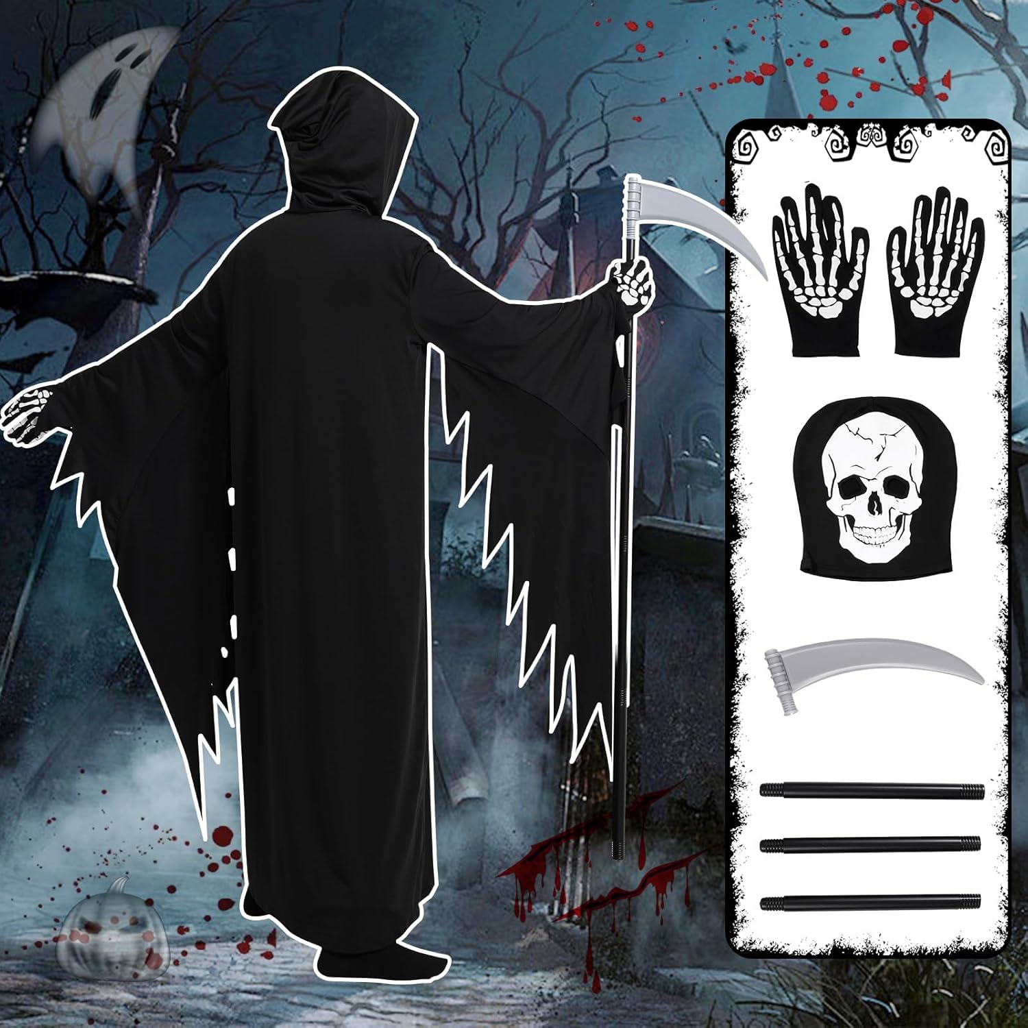 Grim Reaper Costume for Boys Glow in The Dark Halloween Gradient Glowing Robe for Kids 5-14 Years with Mask Toy Scythe - Image 4