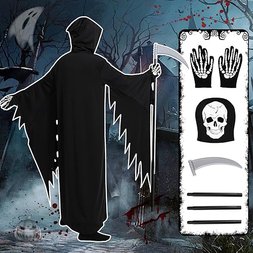 Miniatura 4 de Conjunto de disfraz de la parca que brilla en la oscuridad para niños de 5 a 14 años con máscara y guadaña de juguete