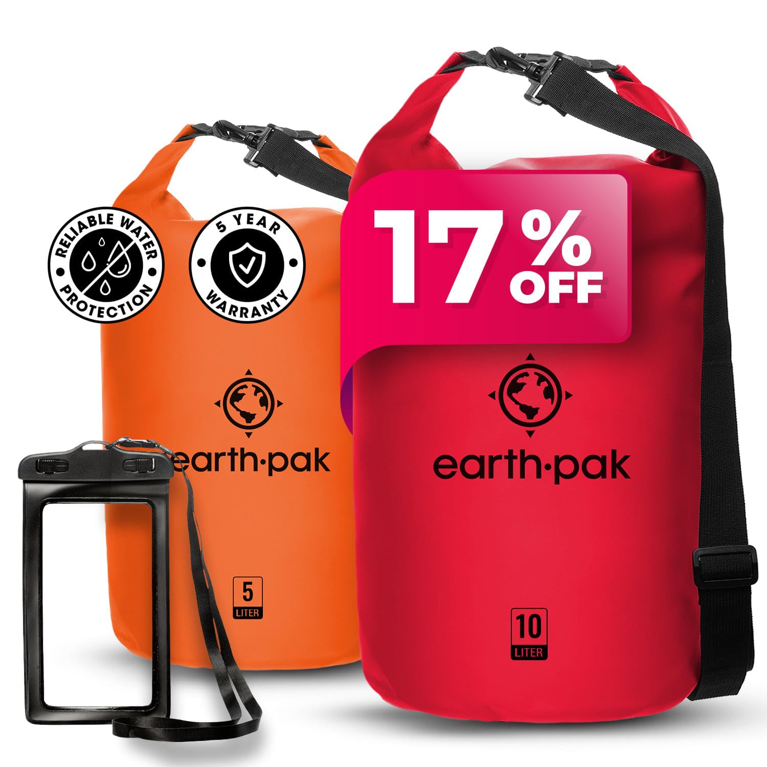 Waterproof Dry Bag - Roll Top Waterproof Backpack Sack (Orange 5L & Red 10L)