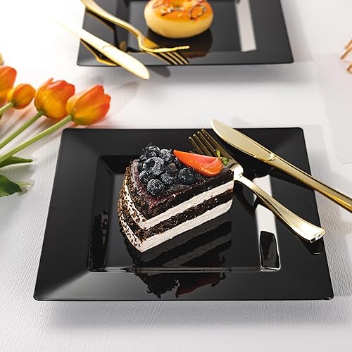 Miniatura 3 de 100 platos llanos de plástico negro, platos cuadrados desechables de 9.5 pulgadas, platos de postre para bodas, fiestas, Pascua, Navidad