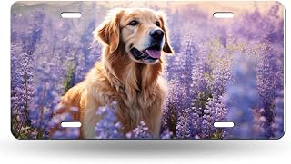Golden Retriever Dog Flower Painting,License Plate Cover,Decorative Metal Car Front License Plate with 4 Holes,6x12inch