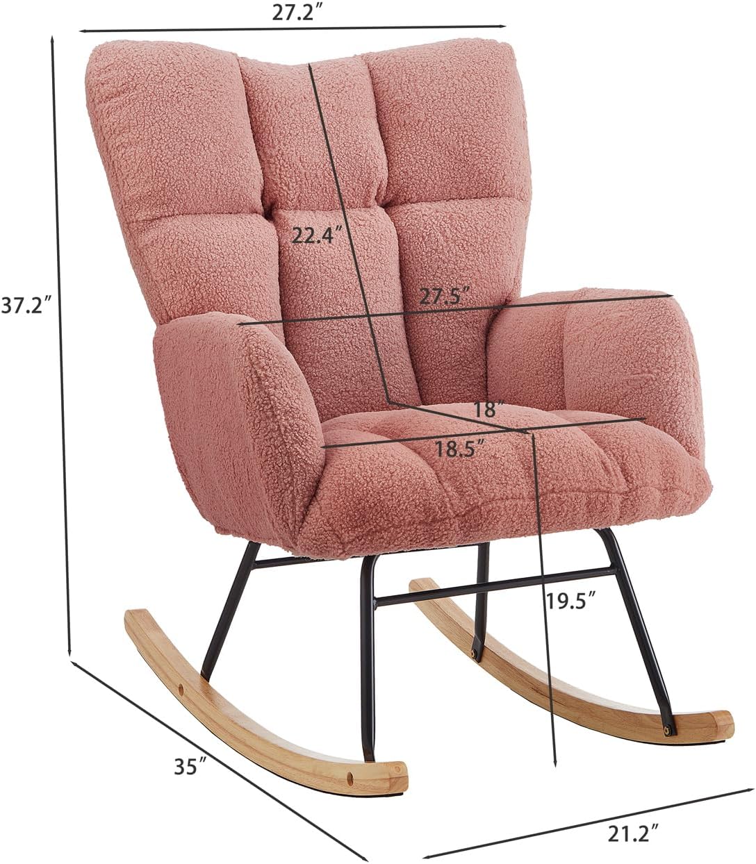 Nursery Rocking Chairs, Teddy Upholstered Glider Rocker with High Backrest, Padded Seat & Sturdy Frame, Comfortable Accent Armchair for Living Room, Bedroom, and Office (Pink)