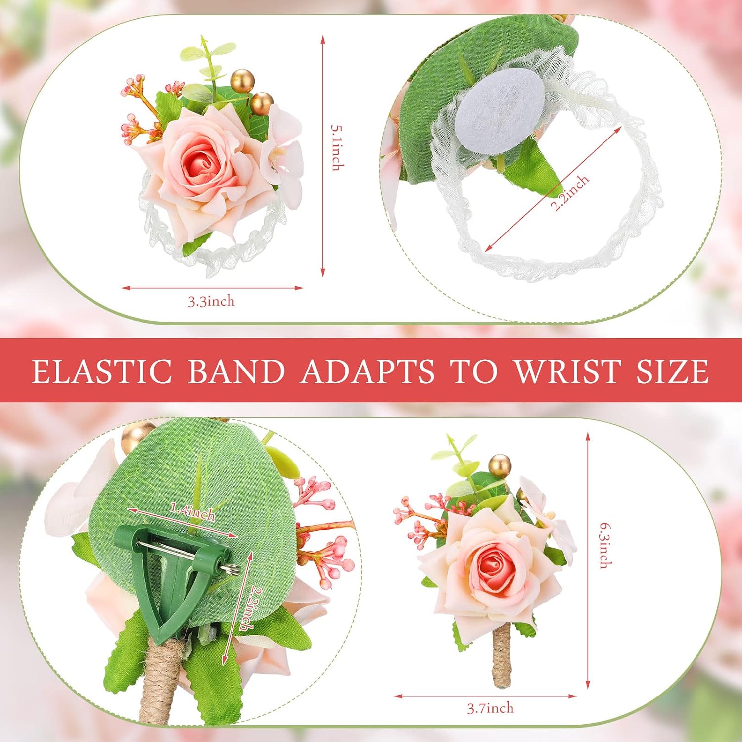 Sherr 20 Pcs Pink Rose Wrist Corsage and Boutonnier Set Wedding Flower Corsage Wristlet Band Bracelet Bridegroom Men's Boutonniere Wristlet Hand Flower for Wedding Bouquets Supplies