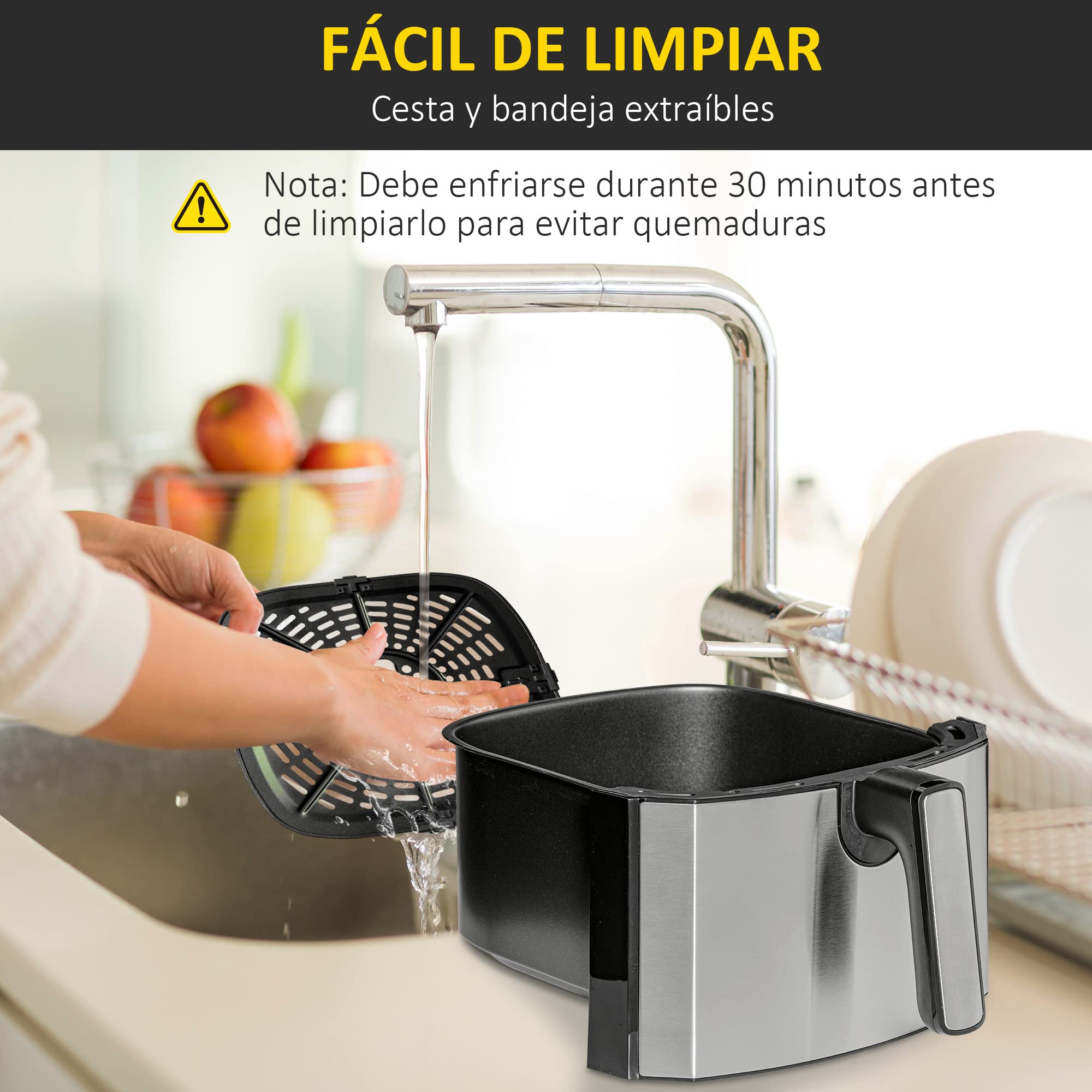 HOMCOM Freidora sin Aceite 6,5L 1700W 36,5x29x33,8 cm Negro | Freidora de Aire, 8 Programas, Pantalla LED Táctil, Temperatura Ajustable, Temporizador, Cesta Antiadherente