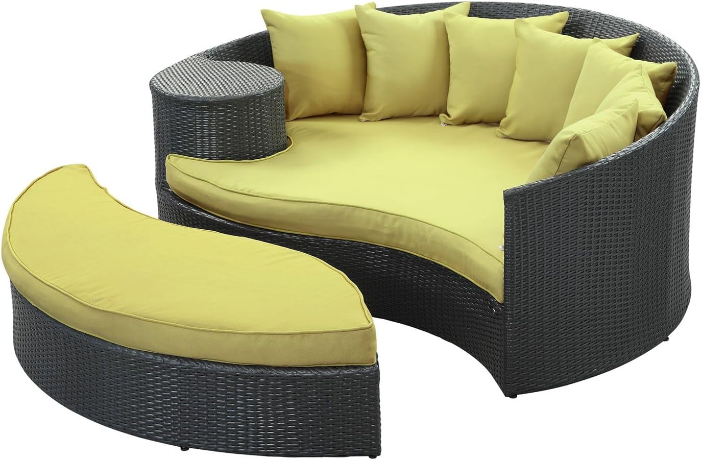 BOWERY HILL Outdoor Patio Daybed Set, Rattan Weave/Aluminum, Espresso/Peridot Finish, Includes Ottoman and 7 Throw Pillows, Water and UV Resistant, Machine Washable Covers, 71 x 79 x 29 in,