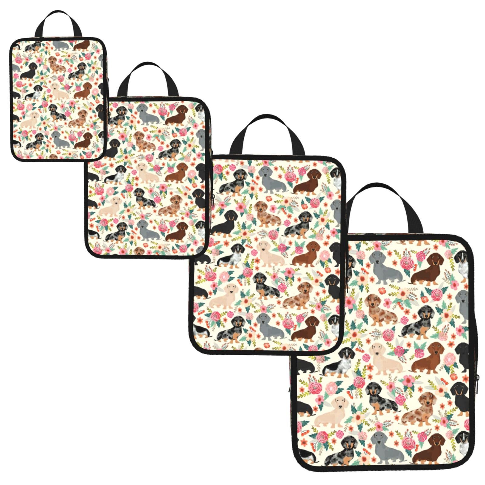 Dachshund Floral Print 4 Set Compression Packing Cubes for Suitcases,Expandable Storage Bag Organizers