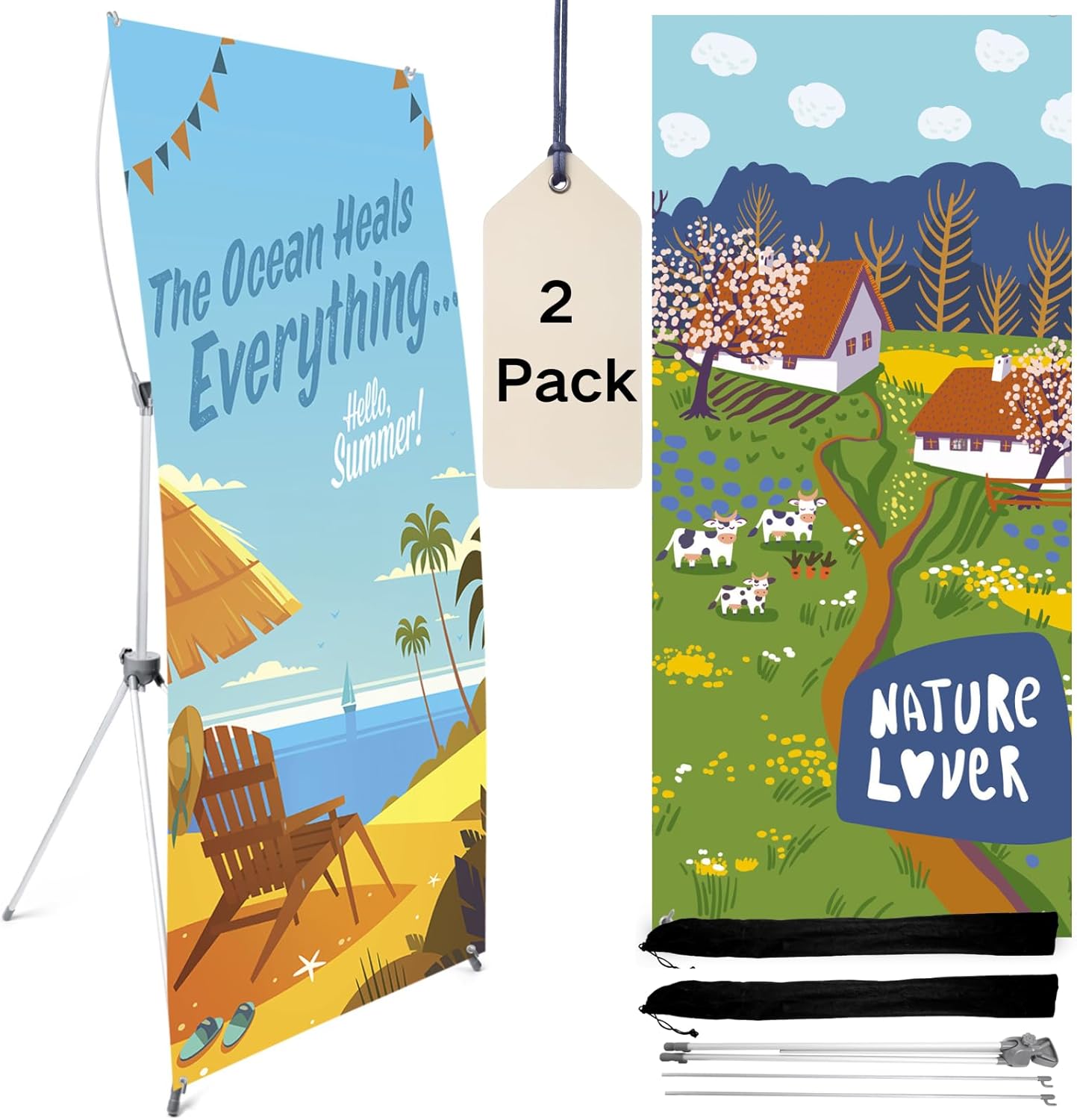 2 Pack Reinforced Block Foldable X Banner Stand, Adjustable Tripod 23x63 to 32x71 Inch with 2 Durable Bags for Trade Show Booths, Event Backdrops, Retail Display