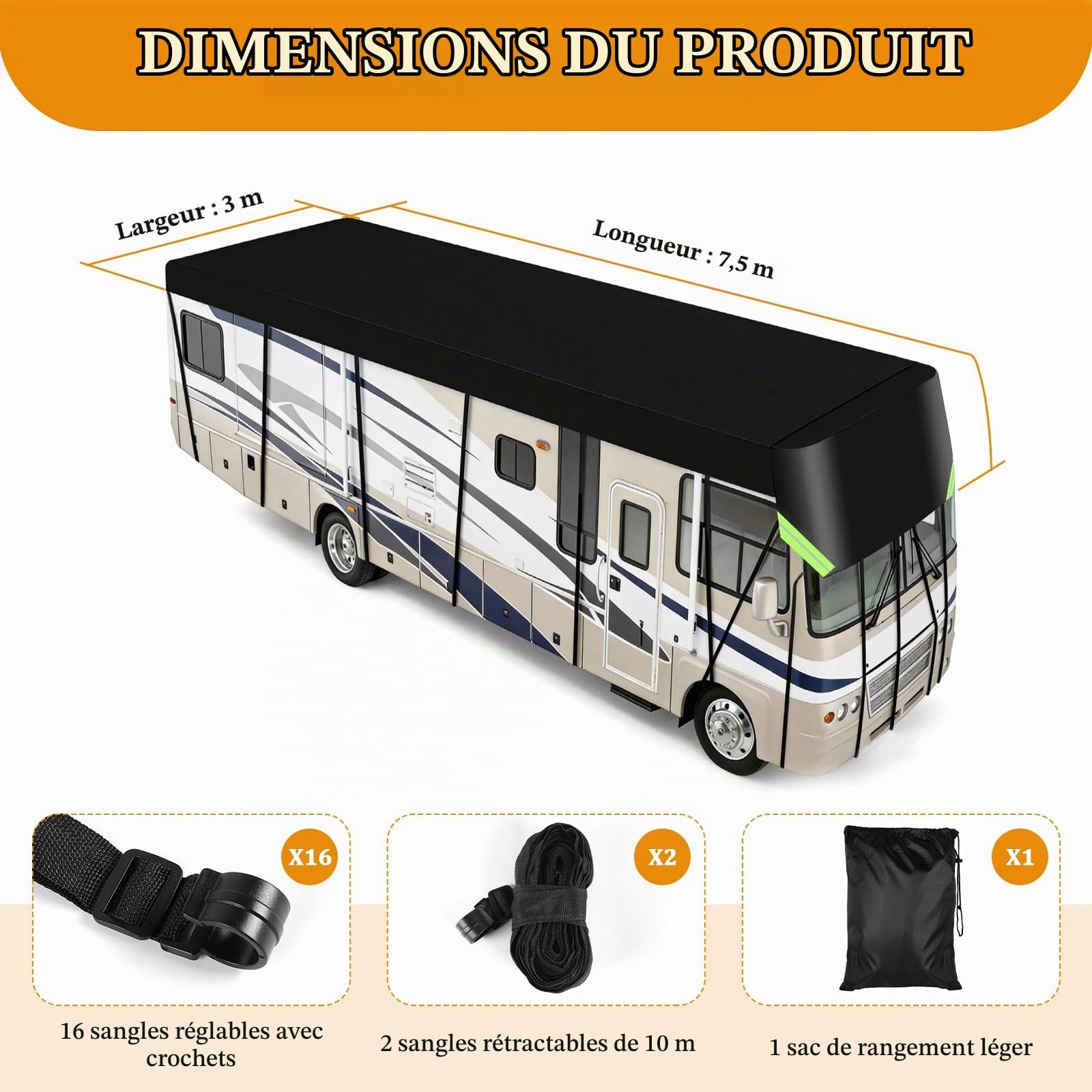 EXLECO Bâche de protection pour caravane 7,5 x 3 m - Imperméable - Résistante au soleil - Résistante aux intempéries - Pour camping-car de voyage - Bâche de protection de toit en tissu Oxford 210D