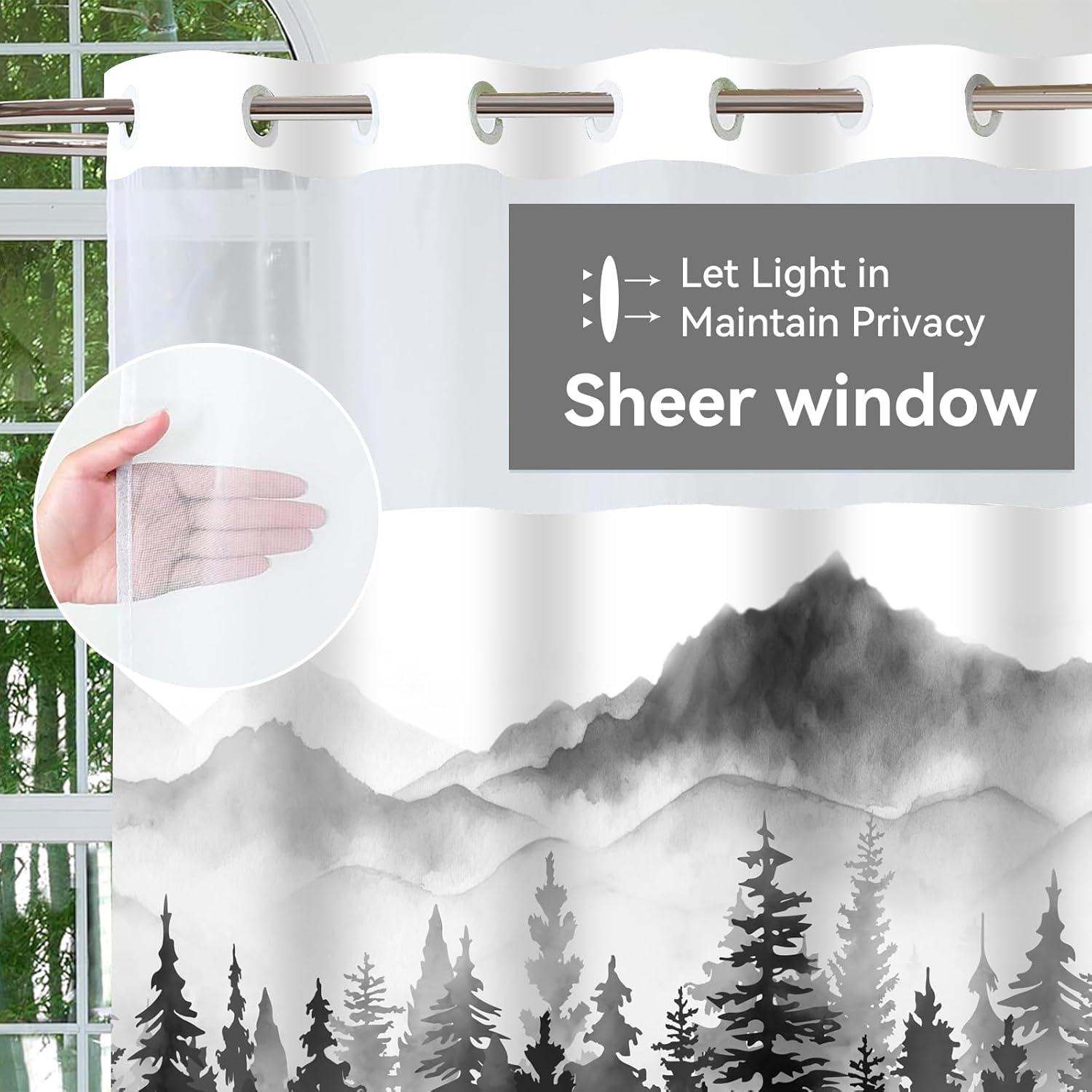 juwute Hookless Shower Curtain with Snap in Liner, Black Nature Forest No Hook Shower Curtains for Bathroom, Shower Curtain and Liner Set, 72" W x 75" L
