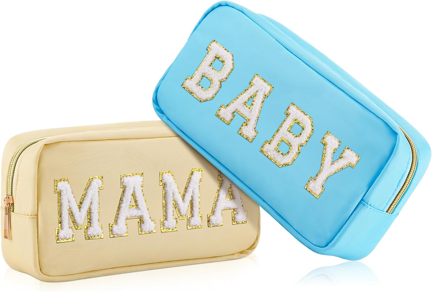 Sanwuta 2 Pieces Mama Gifts Makeup Bag Mom Pouch Birthday Gifts Nylon Cosmetic Bag Mothers Day Appreciation Toiletry Preppy Patch Chenille Letter for Women Her New Mom(Blue, Beige,Baby and Mama)