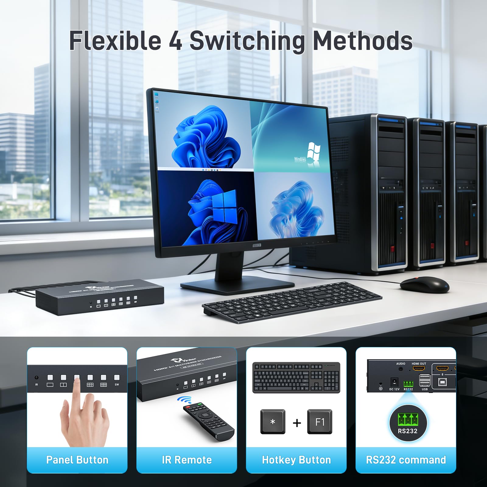 8 Port HDMI KVM Multiviewer, Yinker 8x1 Multiviewer Seamless Switcher unterstützt 4K@30Hz, Pip & POP Tastatur Hotkey Switch 3.5mm Audio Ausgang