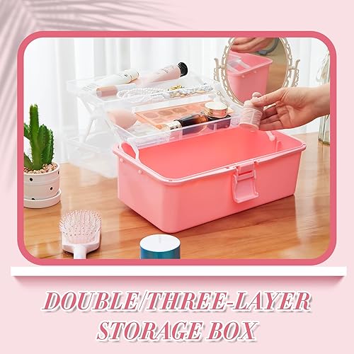 Miniatura 4 de 3 juegos de cajas de almacenamiento multiusos de tres capas rosas de 8, 11, 12 pulgadas, de plástico transparente, portátil, para aula, oficina,