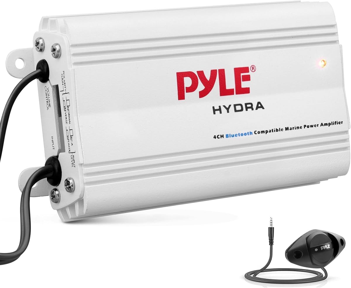 Pyle Auto Amplificador marino de 4 canales - 200 vatios RMS 4 OHM Estéreo de rango completo con Bluetooth inalámbrico y potente altavoz principal - Sistema multicanal de audio de música HD de alto cruce PLMRMB4CW Blanco