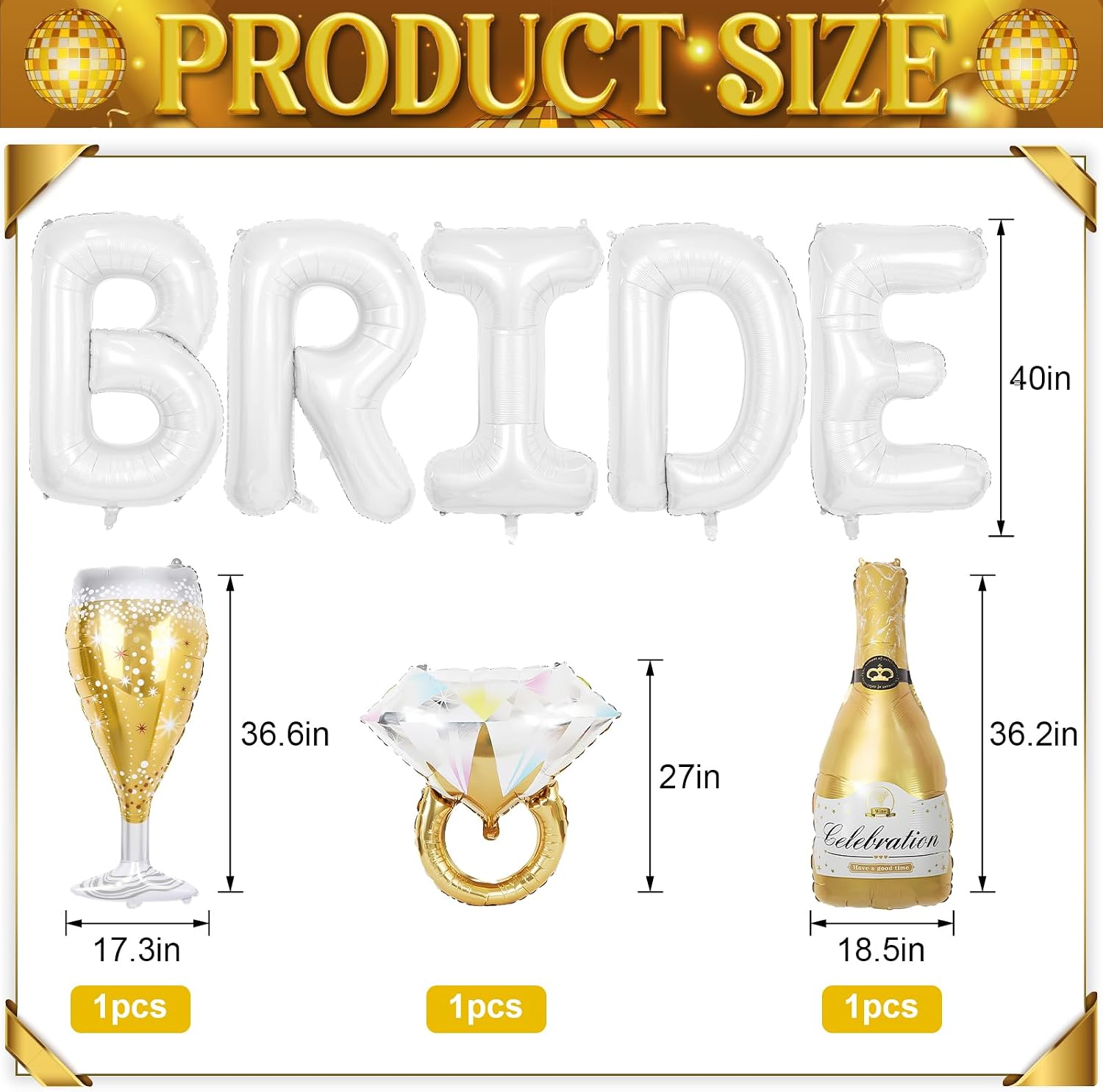 40inch Bride Balloons White Letters Banner, Bachelorette Party Decorations | Gold Diamond Ring Champagne Bottle Balloon Glass Foil Balloon for Bachelorette Engagement Wedding Bridal Shower Decoration