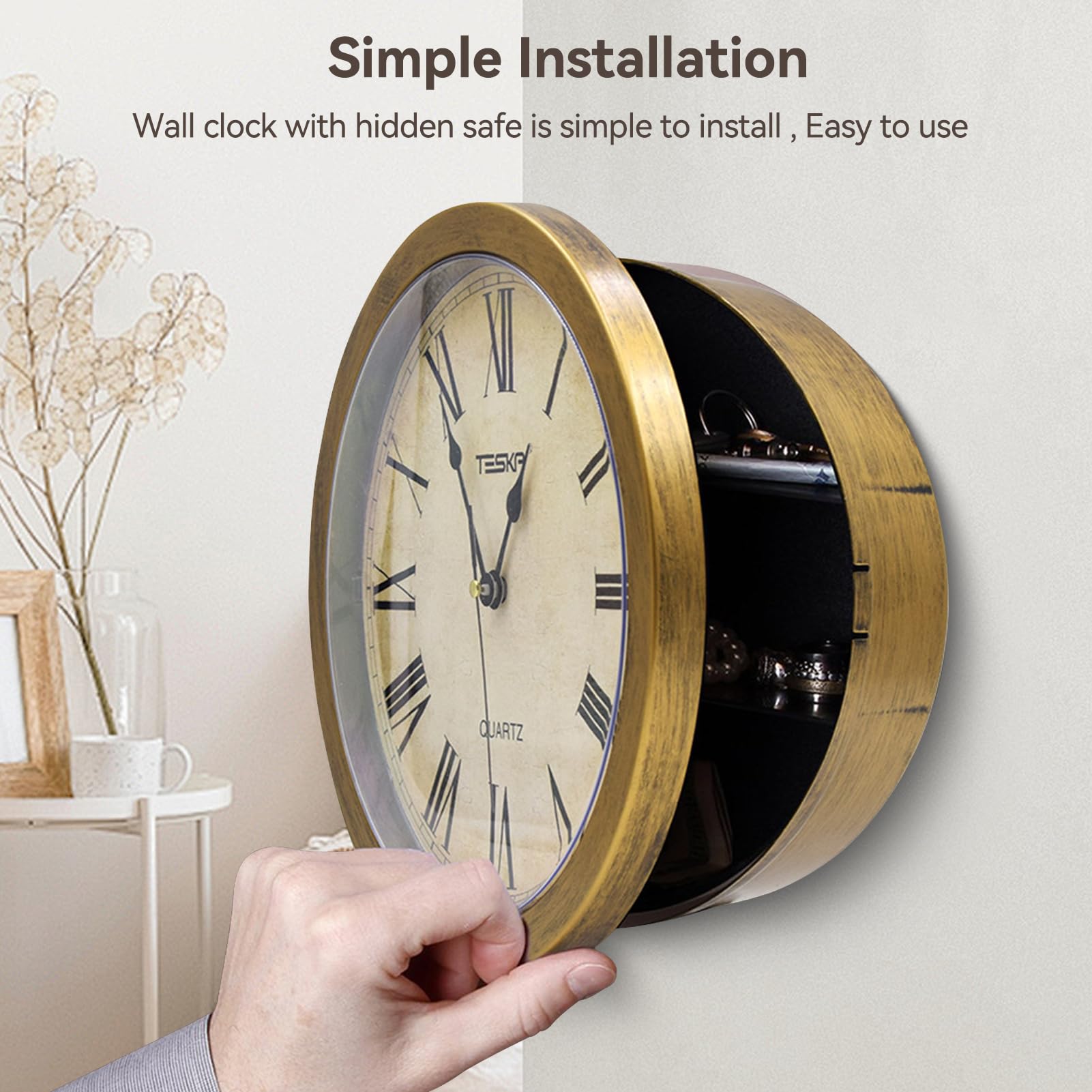25cm 2 in 1 Orologi da Parete con Scomparto Segreto, Rotondo Orologio da Muro Orologio da Parete Cucina Casseforti di Diversione with 3 Segreto Compartimento per Gioielli Cash per Cucina, Soggio(Oro)