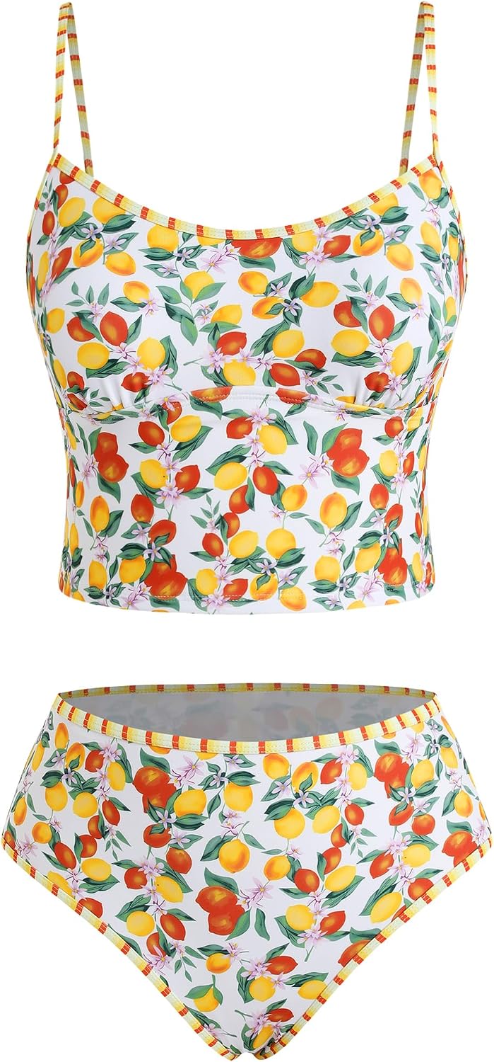 ZAFUL Tankini Swimsuit for Women High Waisted Swimwear Tummy Control Color Contrast Two Piece Bathing Suits