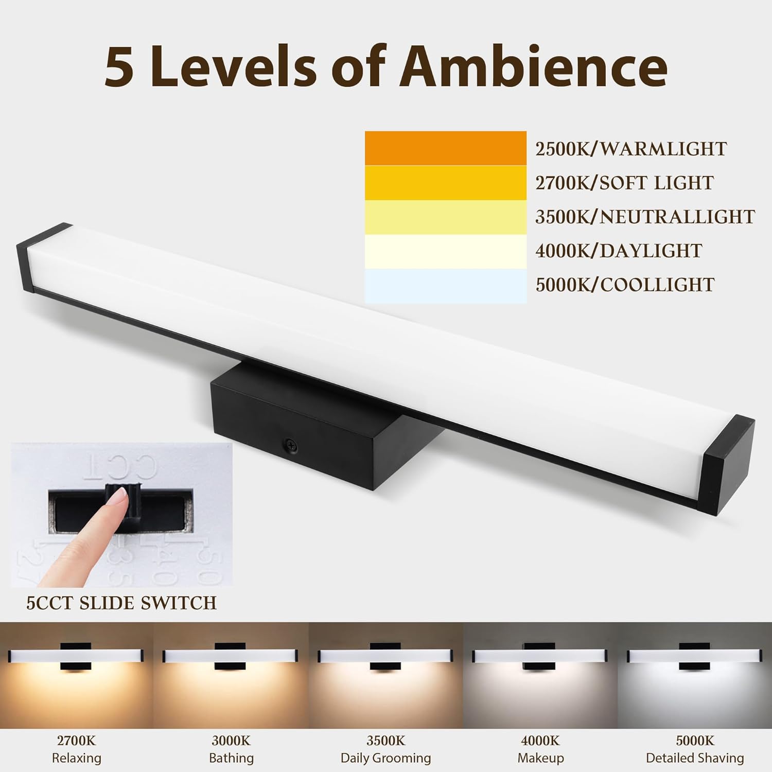 bathroom light fixtures over mirror 22in, 19w 5cct dimmable modern vanity lights,black bar vanity light for bathroom mirror restroom, wall light fixtures vanity lighting square-22in black
