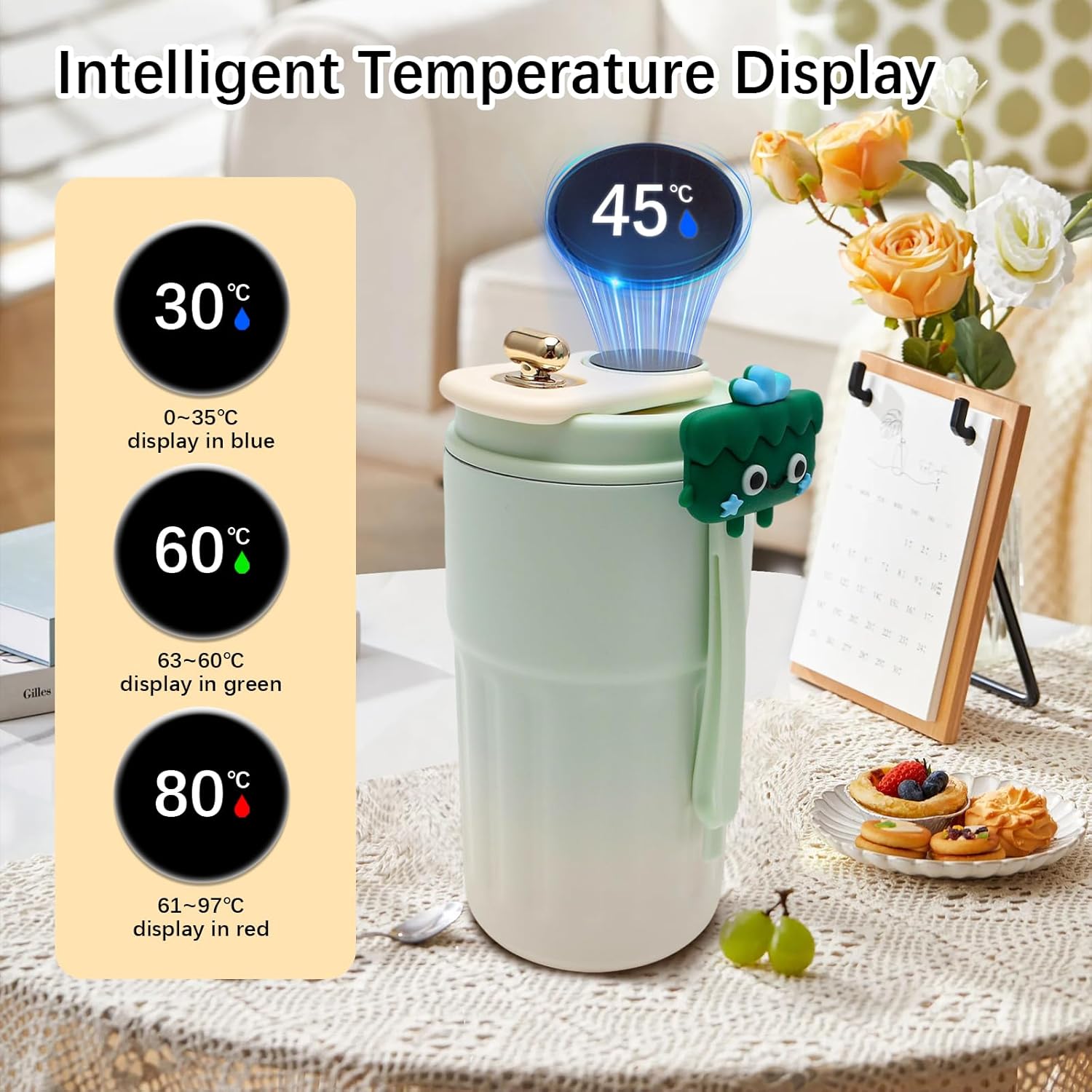 Portable Coffee Mug, Stainless Coffee Tumbler With Temperature Display, Smart insulated coffee mug with lid fot Summer Cold Storage Car (Gradient Green) - Image 4