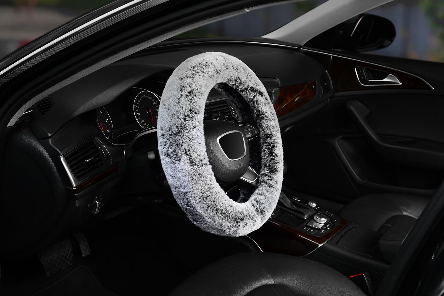 KAFEEK 16 inch Frost Fluffy Steering Wheel Cover for Winter Warm, Large Size Soft Fuzzy Steering Wheel Cover, Compatible with Ram F-150 Tundra Range Rover F150 F250 F350 Ram 4Runner Tacoma, Grey