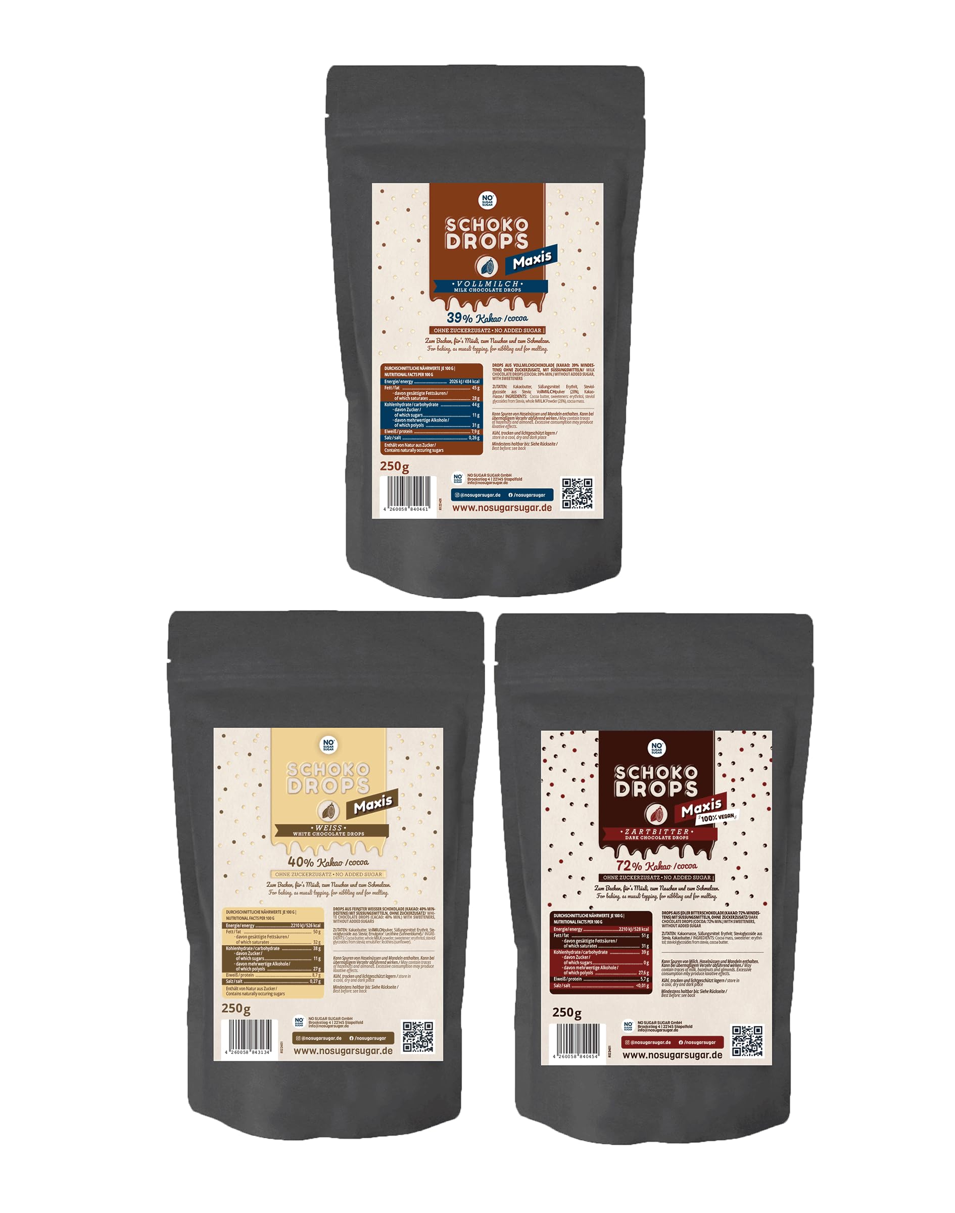 Schokodrops ohne Zuckerzusatz - NO SUGAR SUGAR Probierset Vollmilch, Weiß & Zartbitter (3x 250g)