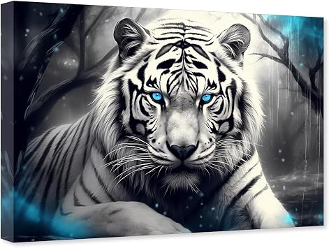 DOARTDO White Tiger Canvas Wall Art Bengal Tiger Picture Print Black and White Animal Painting for Office Home Decor Frame 12.00" x 18.00"
