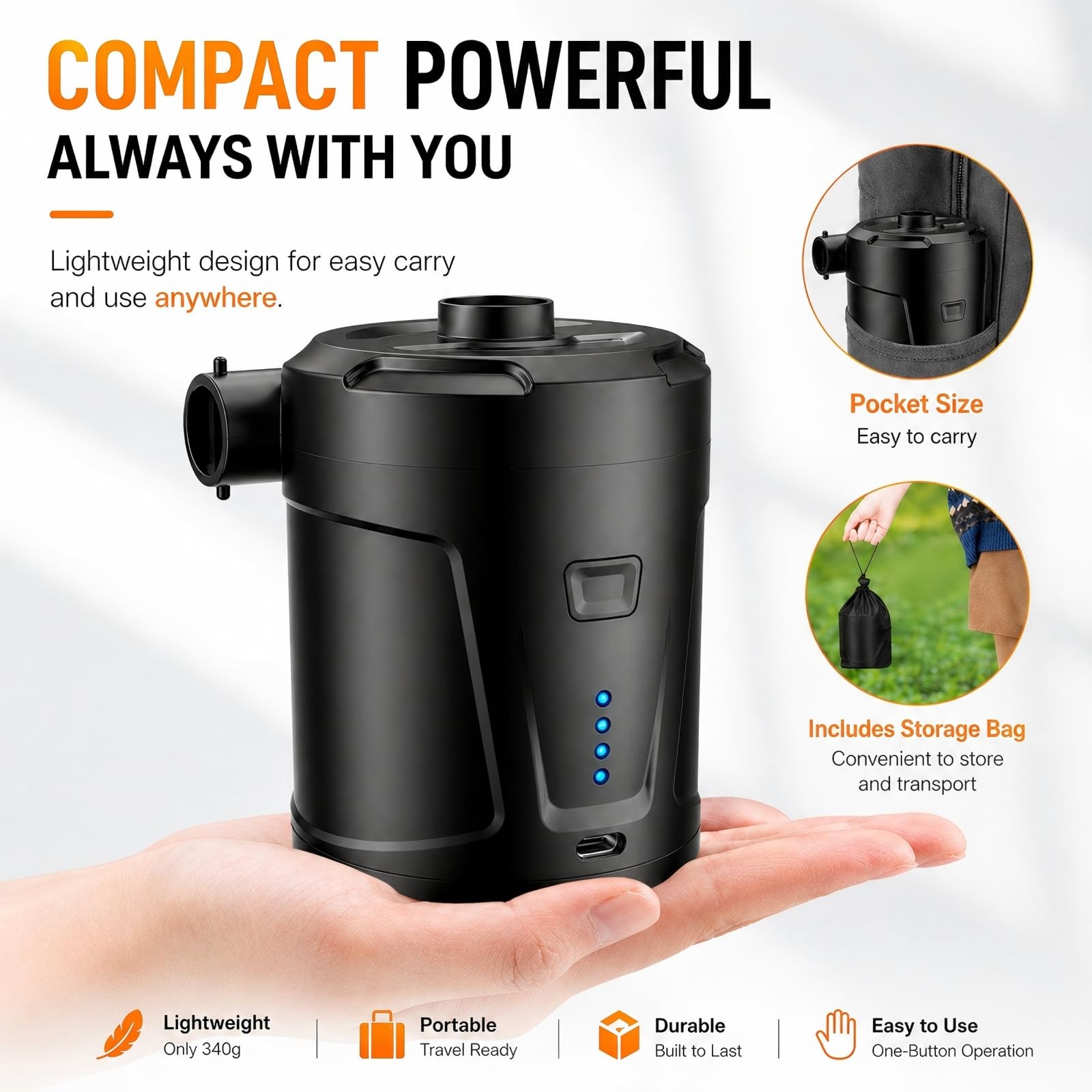 SUPPOU Pompa Elettrica, 5200mAh Pompa Elettrica per Materasso Gonfiabile può essere rapida per Gonfiare e Sgonfiare, Adatto per Materasso Gonfiabile, Materassino Campeggio, Piscina Gonfiabile