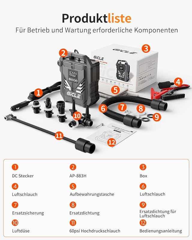 Gicle 60PSI elektromos SUP pumpa kétfokozatú gyors feltöltéshez autós 12V csatlakozóval