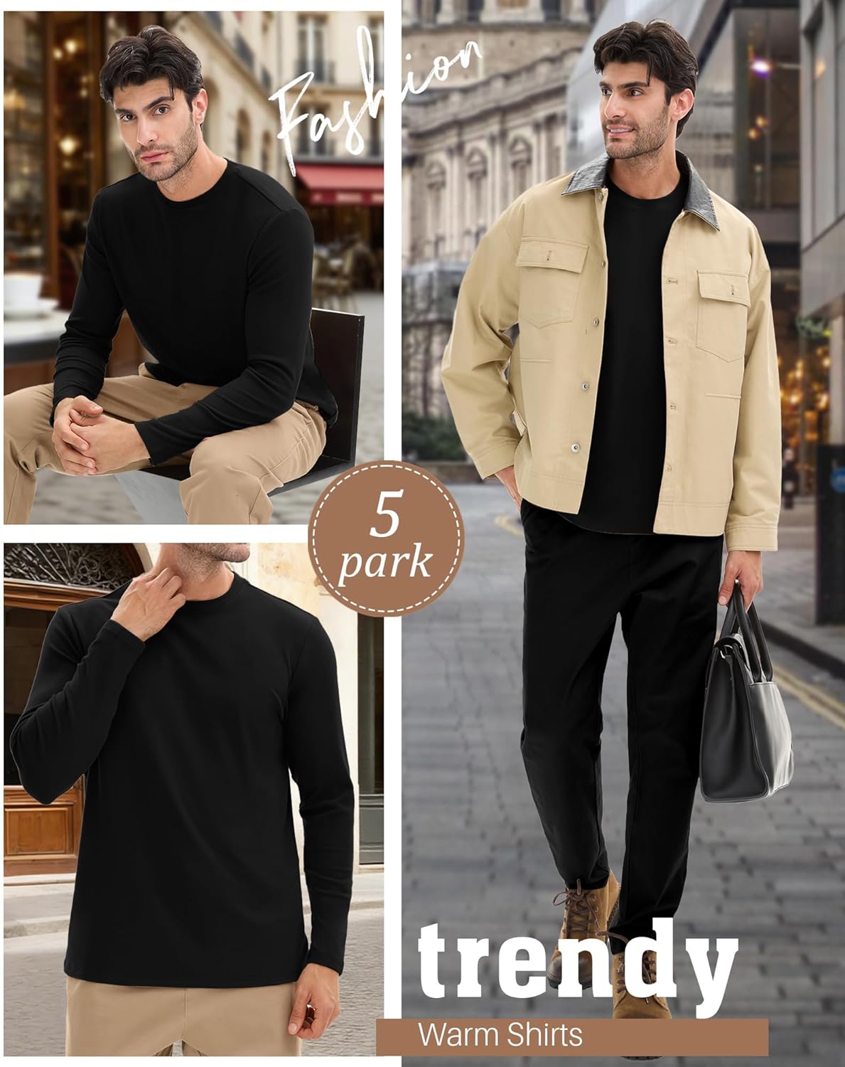 5 Pack Mens Big and Tall Thermal Shirts Fleece Lined Long Sleeve Loose Fit Tops Plus Size Undershirt Multipack - Image 5