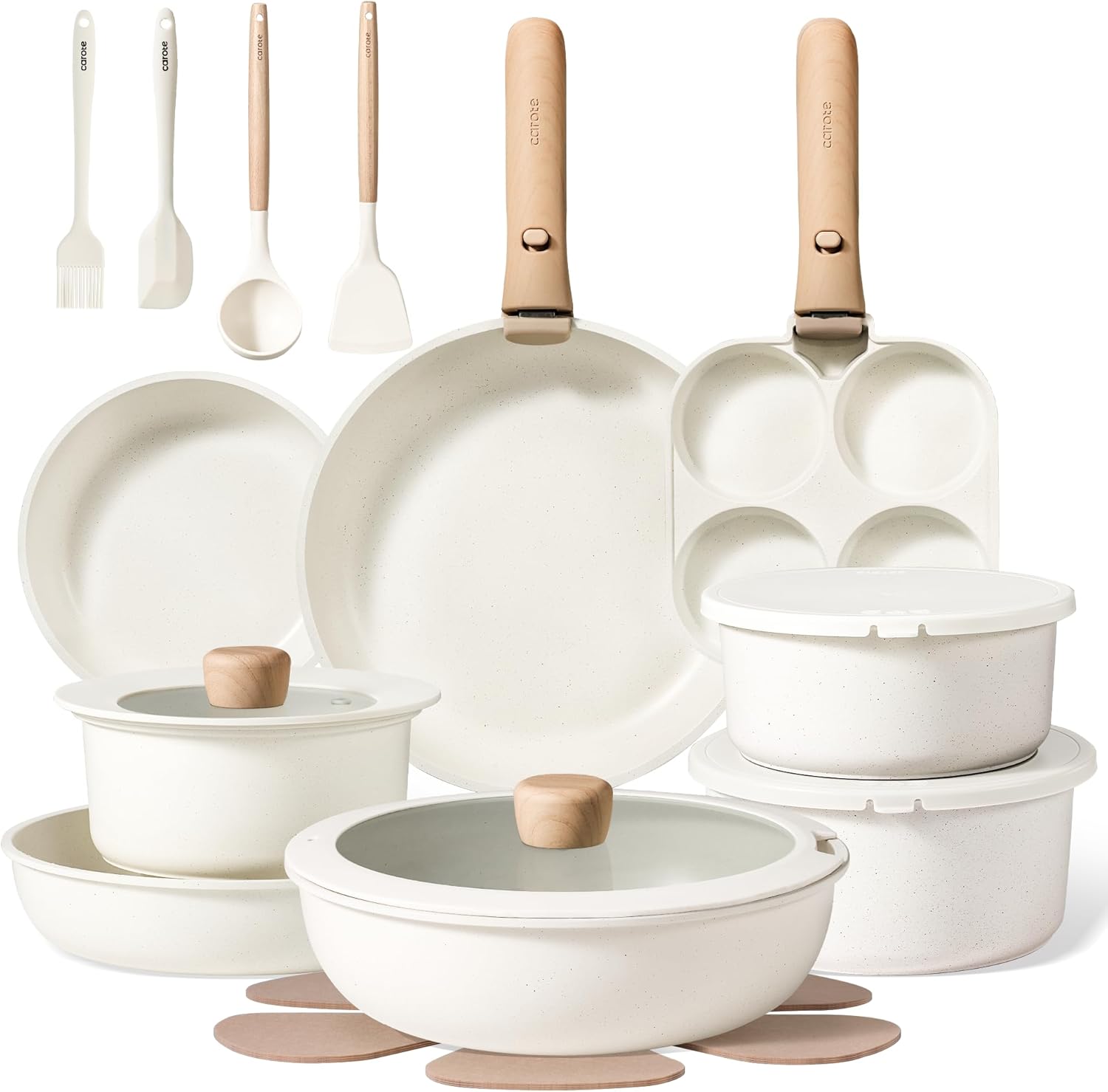 CAROTE 17pcs Pots and Pans Non Stick, Cookware Sets Detachable Handle, Induction Kitchen Pots and Pans,NonStick Cooking Set, Oven/Dishwasher/Fridge Safe, Space Saving