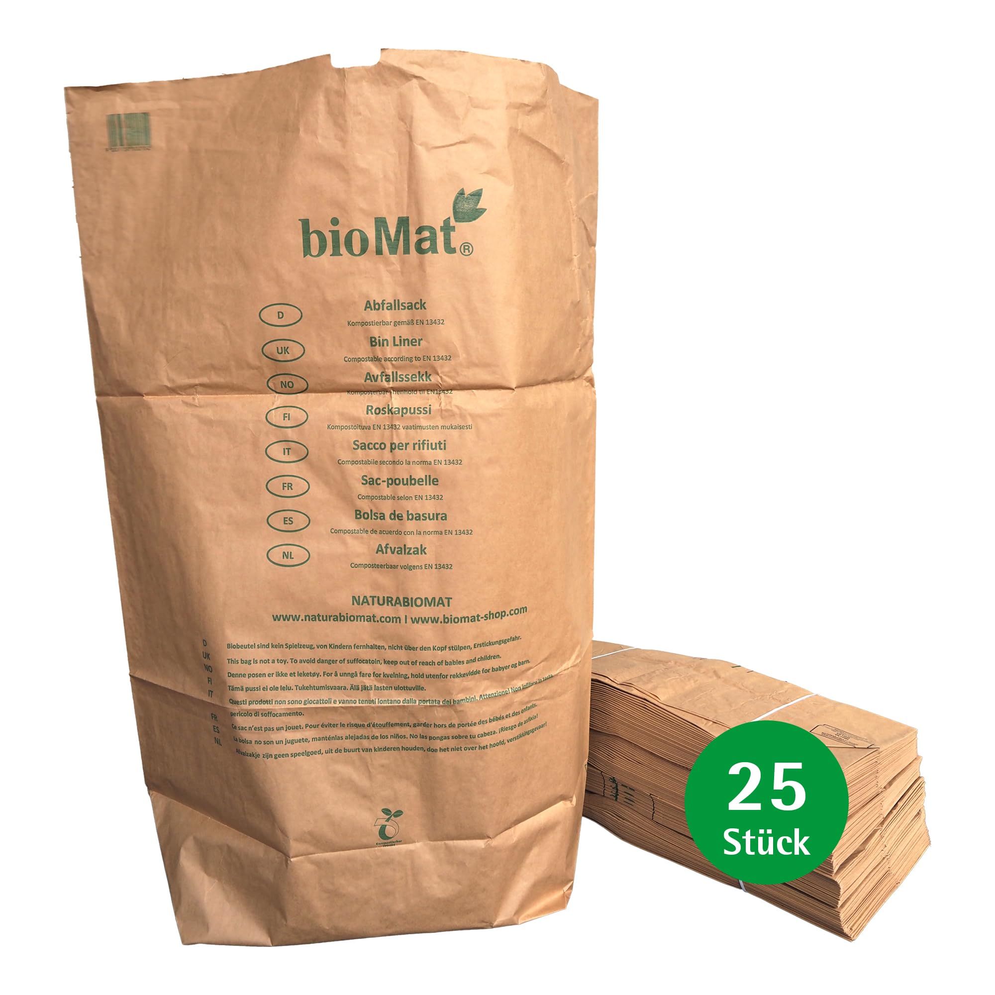 bioMat Kompostierbare Papiersäcke 240l aus Kraftpapier, 25 Papiertüten für Biotonne, 1-lagig, Reißfest, Nassfest