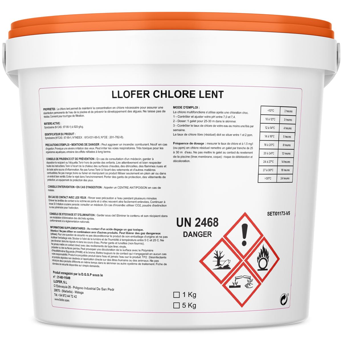 Galets de Chlore Lent 250g - Haute Teneur en Chlore (90%) -Seau de 5kg - chloration permanente hautement Efficace Contre Les bactéries, fabriquer en Europe