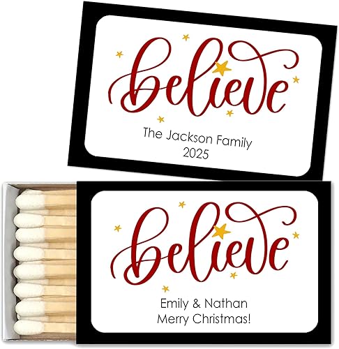 Believe Christmas Holiday Matchs, cajas de fósforo de Happy Holidays, fósforos personalizados para Navidad, fósforos personalizados (juego de 50