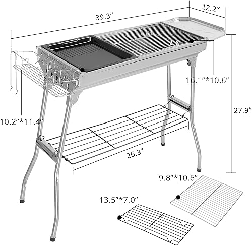 Miniatura 3 de Outvita Parrilla de carbón portátil, 39 x 12 x 28 pulgadas, parrilla plegable de acero inoxidable y ahumador para cocinar al aire libre, camping,