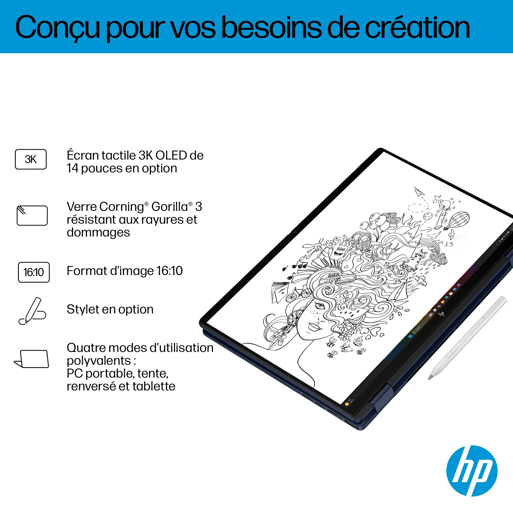 HP OmniBook X Flip 14-fm0000sf Ordinateur Portable 14" 2K OLED Tactile, PC Portable (Intel Ultra 5-226V, RAM 16 Go, SSD 512 Go, Intel Arc 130V GPU, Windows 11), Laptop Bleu, Clavier AZERTY