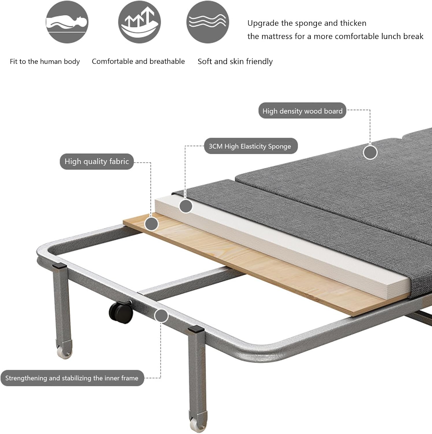 ( Lightweight Camping Cot with Mattress for Adults - Portable Folding Sleeping Cot - Office Bed with Wheels for Office Rest, Accompany, Take A Nap, and Sleep (Grey,23.62" X70.87