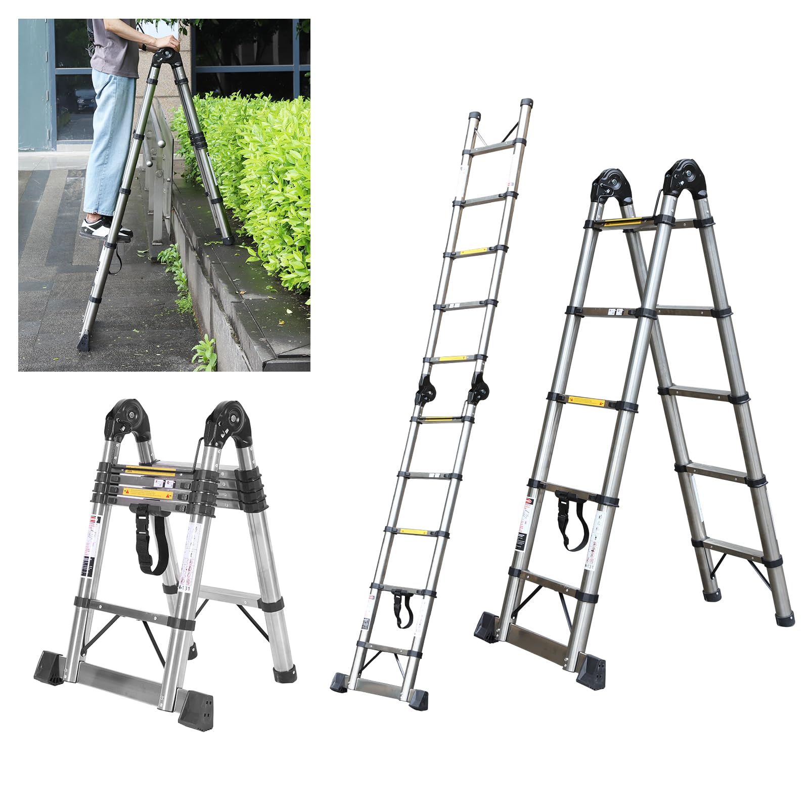 3,2 m (1,6 m + 1,6 m) Teleskopleiter, Aluminium, Teleskopisch, Mit Mobilen Rollen Und Stabilisator, Tragbar, A-Rahmen, Multifunktional, Tragfähigkeit 150 Kg (Silber)