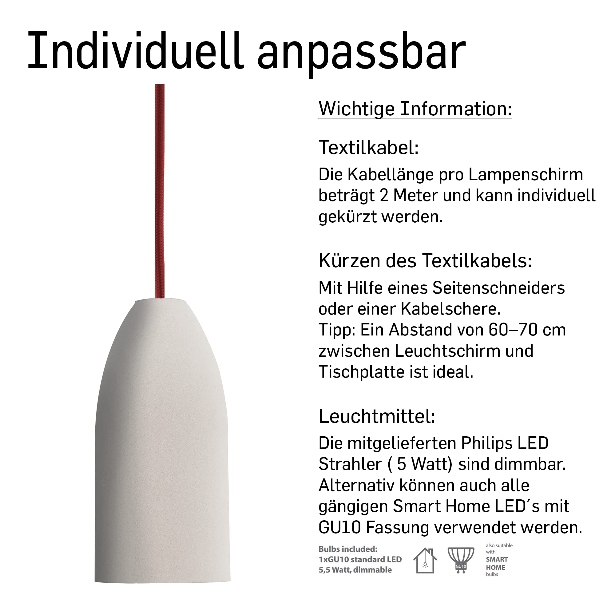 Buchenbusch Beton-Pendelleuchte – 7,5x16 Cm, Mit Textilkabel (grau), Dimmbarem GU10-LED-Strahler