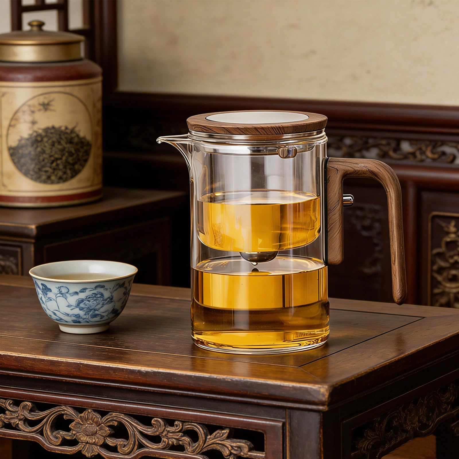 Teteras de Cristal,Tetera de cristal para separación de agua con filtro y mango de madera,Tetera mágica para té a Infusiones,tea infuser regalos para los amantes del té (600, Mililitros)