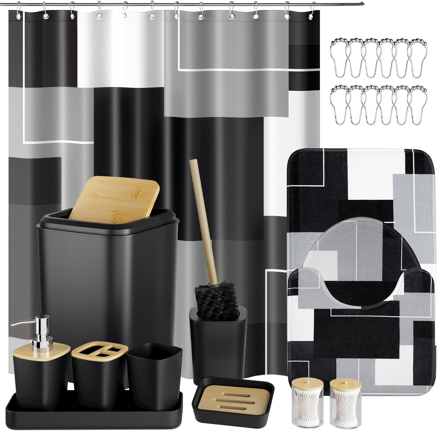 Bathroom Sets with Shower Curtain and Rugs,Black Bathroom Accessories Set Waterproof Black and White Shower Curtain Set, Toilet Brush, Trash Can & Bathroom Rug Black1 Bath Set+Shower Curtain+Bath Rugs