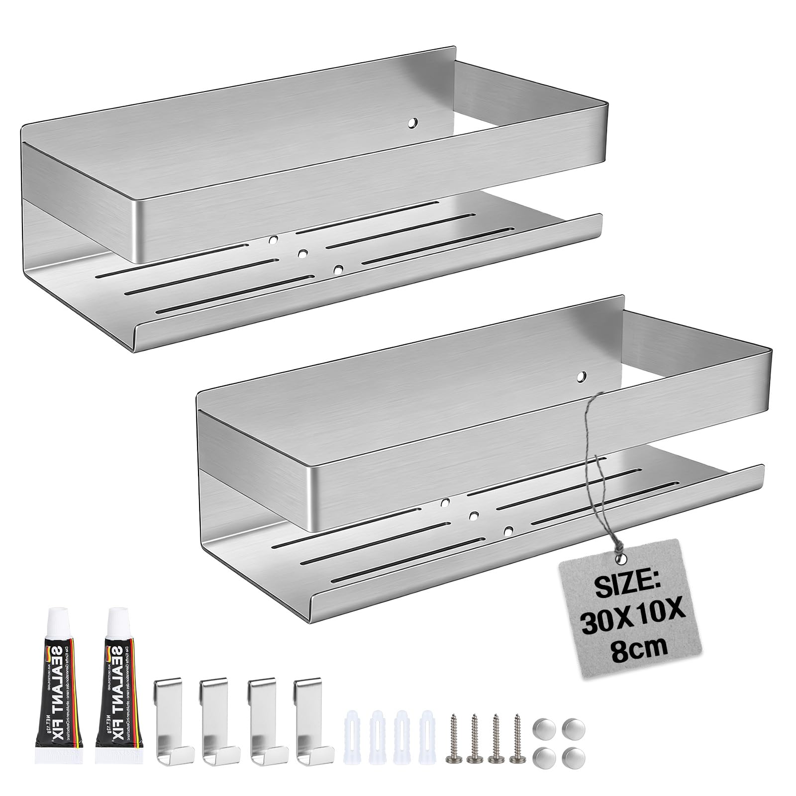 EXLECO 2X 30CM Duschablage Ohne Bohren Duschregal Wand Edelstahl Badregal mit 8 Haken Duschkorb zum Bohren Bad Regal Badezimmer Aufbewahrung Wandregal für Shampoo Duschgel 7.5cm Hoch Gebürstet Silber