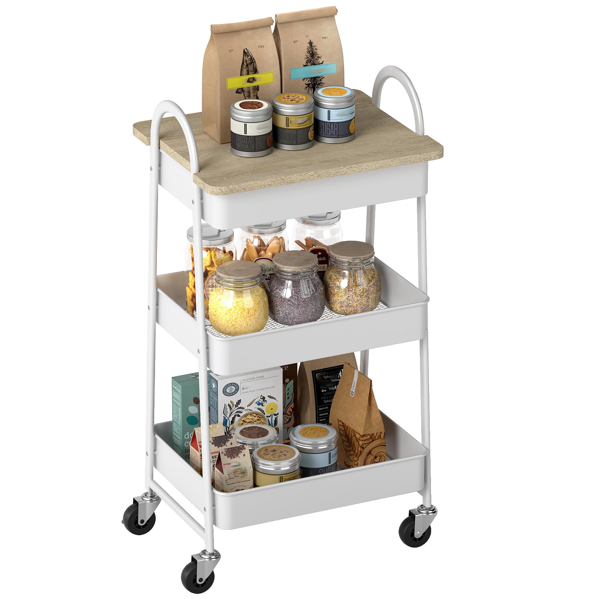 HOMCOM Desserte Cuisine, Chariot de Service à 3 Niveaux, avec Plateau supérieur, paniers en Maille, poignées, Chariot de Rangement à roulettes pour Salon, Bureau, Cuisine, 45 x 32 x 77,5 cm, chêne