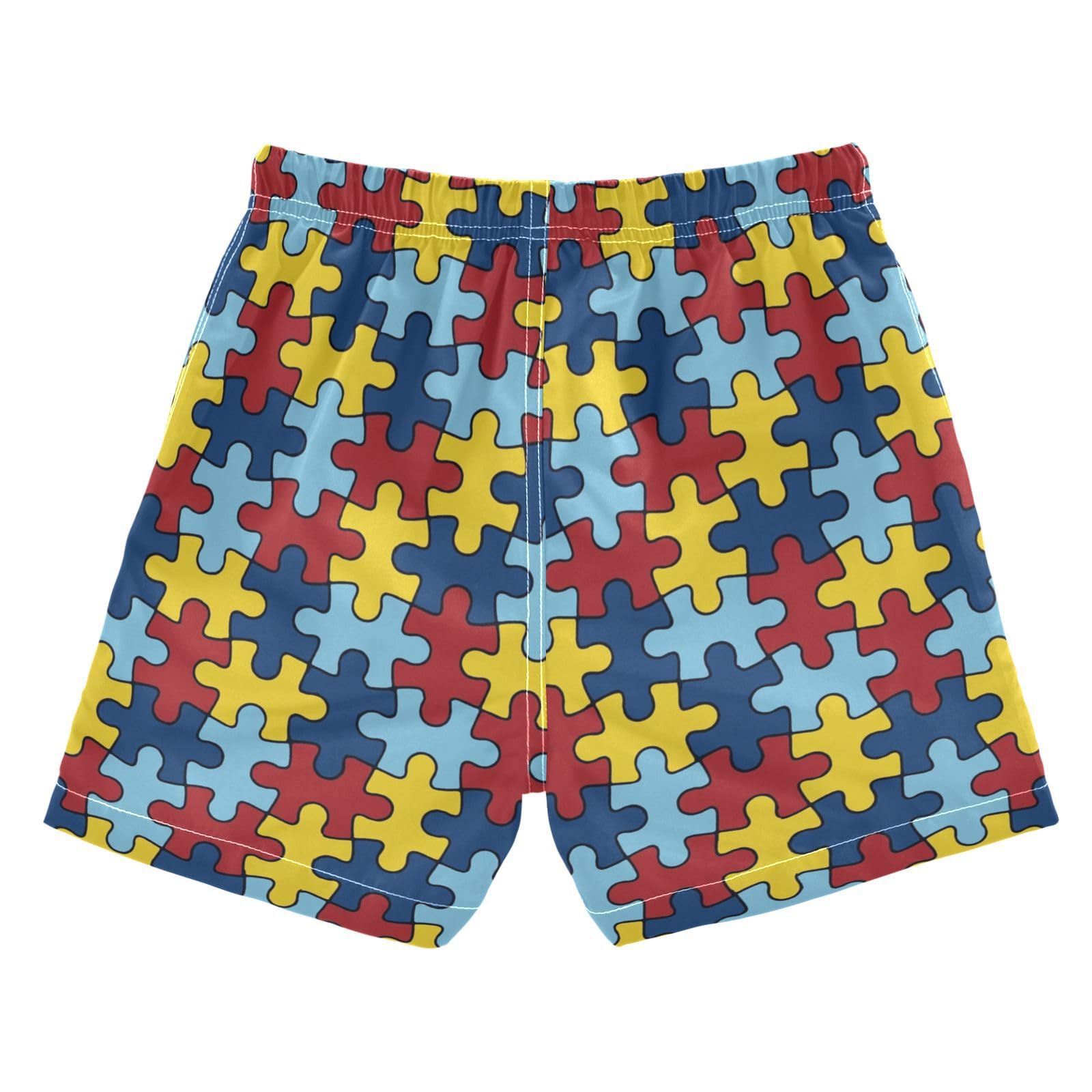 XUWU Boys Swim Suit Little Boys Swim Trunks Toddler Beach Board Shorts, Autism Awareness Colorful Puzzle Piece Bathing Suit with Mesh Lining Medium, 8 Years