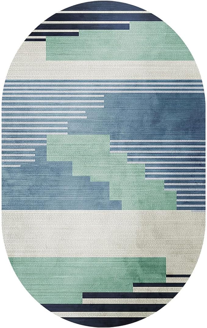 Tapis Ovale Couloir Salon entrée Moquette Rayures géométriques Bleu Canard Salon Cuisine Anti Slip Tapis Grand Lavable en Machine Ovale 120X190CM