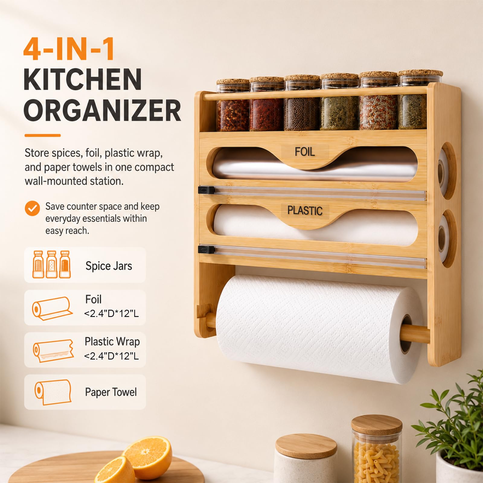 Distributeur de film avec cutter, porte-rouleau de cuisine mural en bois