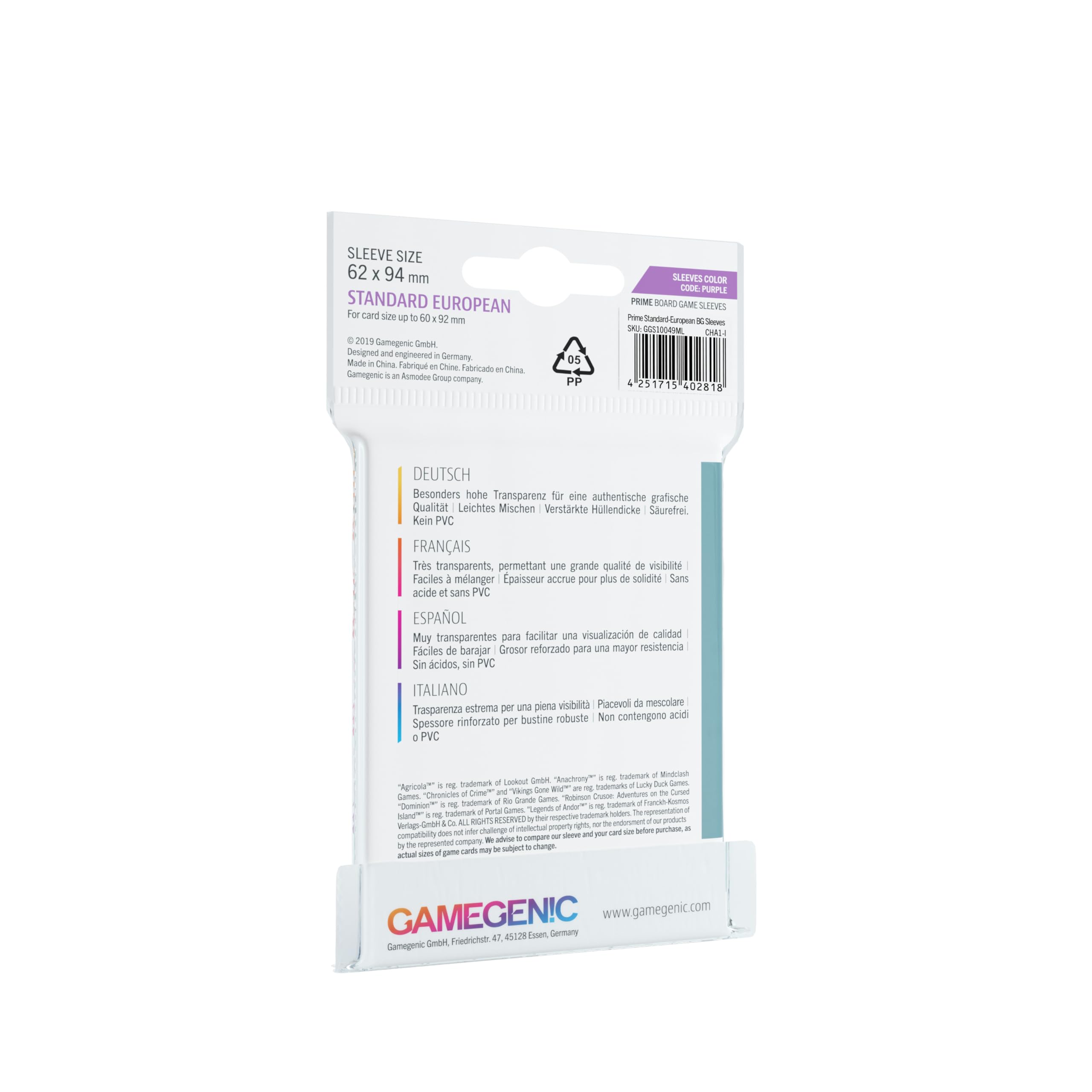 Asmodee Gamegenic - 50 Sleeve Matte Purple 62x94 Standard Européen - Jeux de société - Jeux de Cartes - Accessoires et Fournitures pour Jeux de société - Protection pour Cartes à Jouer Asmodee Gamegenic - 50 Sleeve Matte Purple 62x94 Standard Européen - Jeux de société - Jeux de Cartes - Accessoires et Fournitures pour Jeux de société - Protection pour Cartes à Jouer