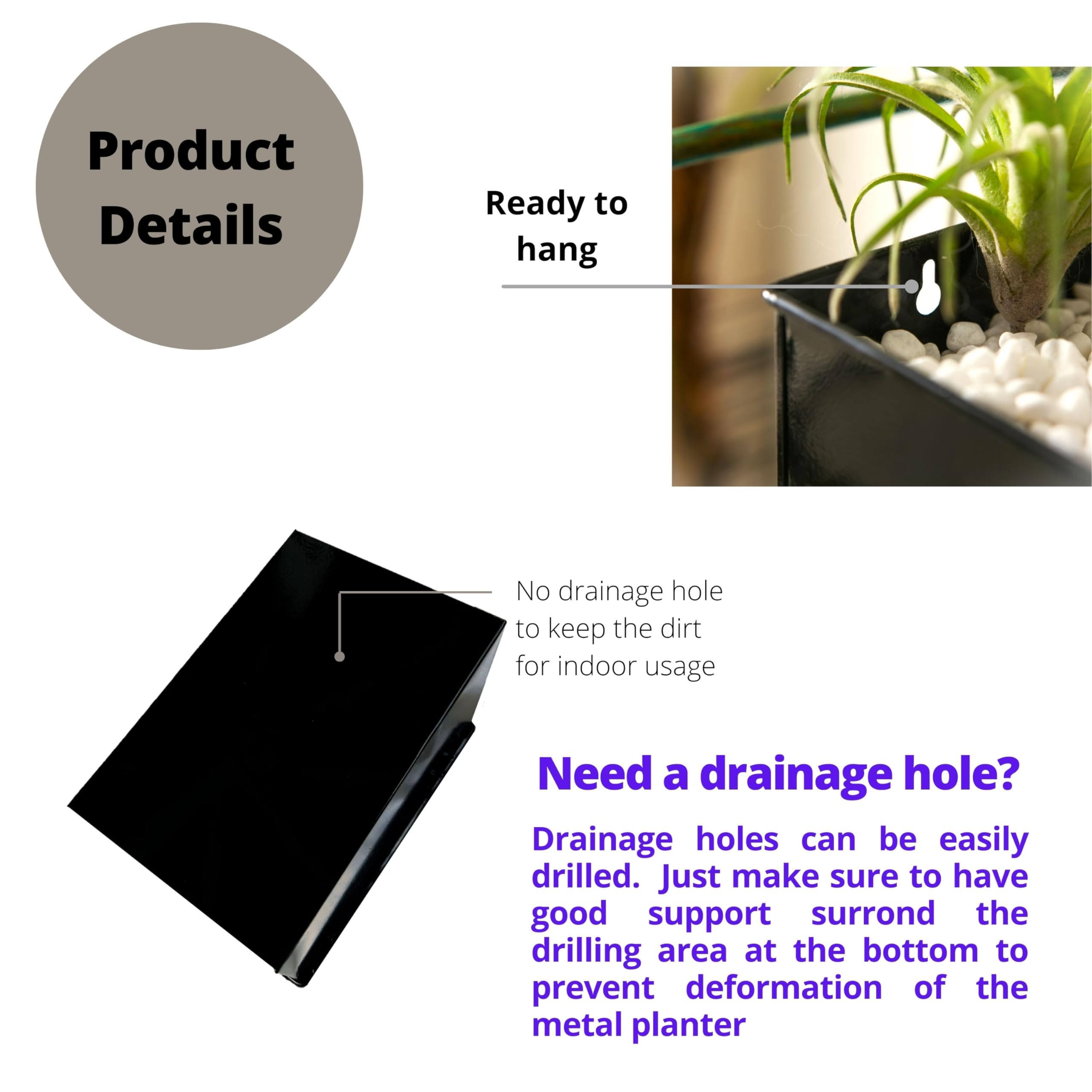 LáLáGreen - Macetero de Pared – Paquete de 3 macetas de Montaje en Pared de 6 Pulgadas para suculentas, Color Negro, Maceta Rectangular de Metal Colgante, Cajas de Ventana largas, Soportes para