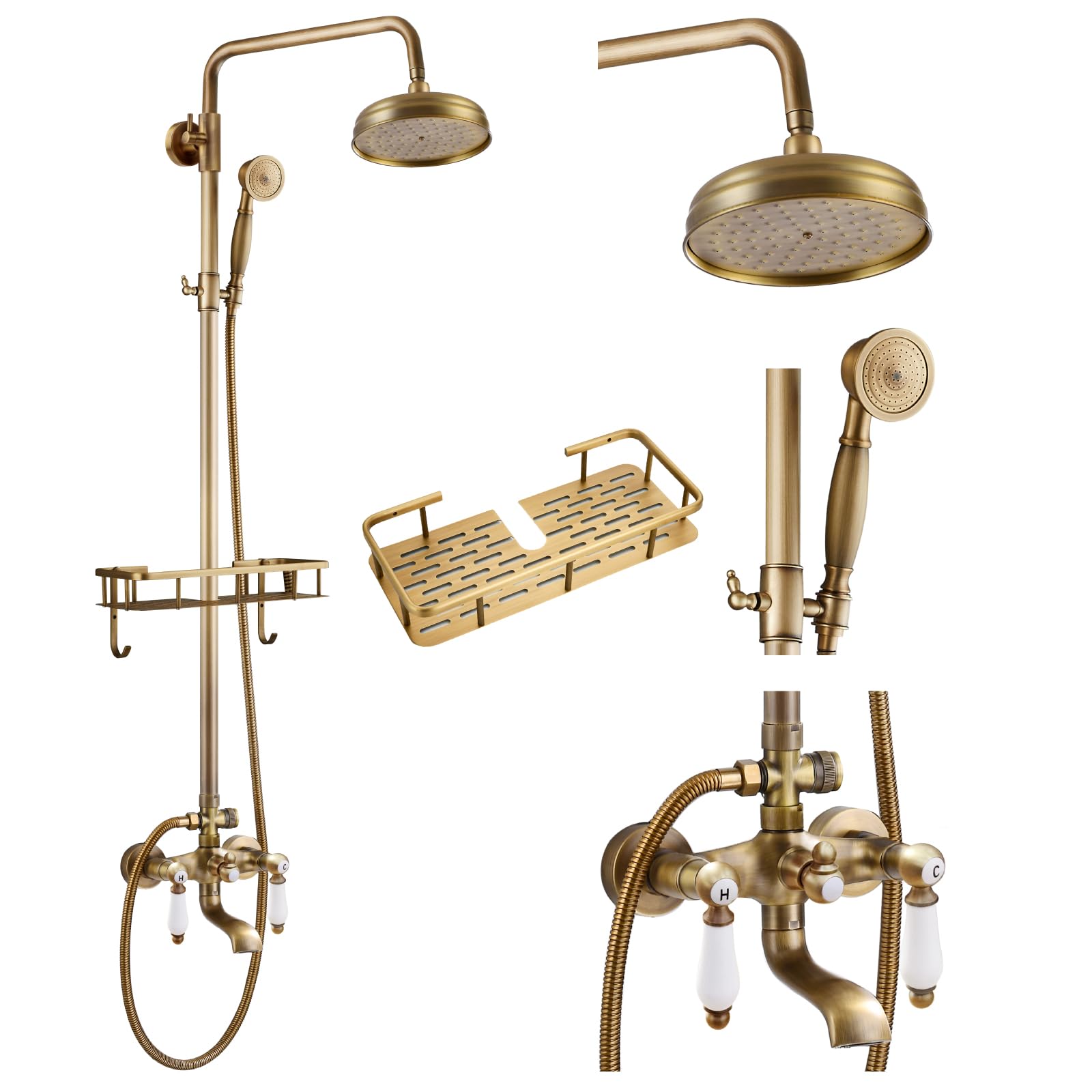 gotonovo Exposed Bathroom Tub Shower Faucet Set with Shower Shelf 8 inch Rainfall Shower Head with Handheld Spray with Tub Spout Shower System 3 Function Wall Mounted Antique Brass Double Lever Handle
